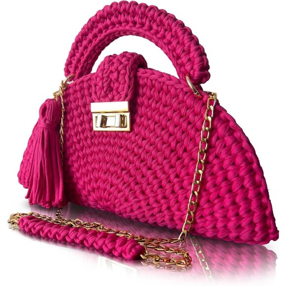 Women's Handmade Crochet Pink Evening Clutch Small Formal Flap Crossbody Bag - Picture 3 of 6